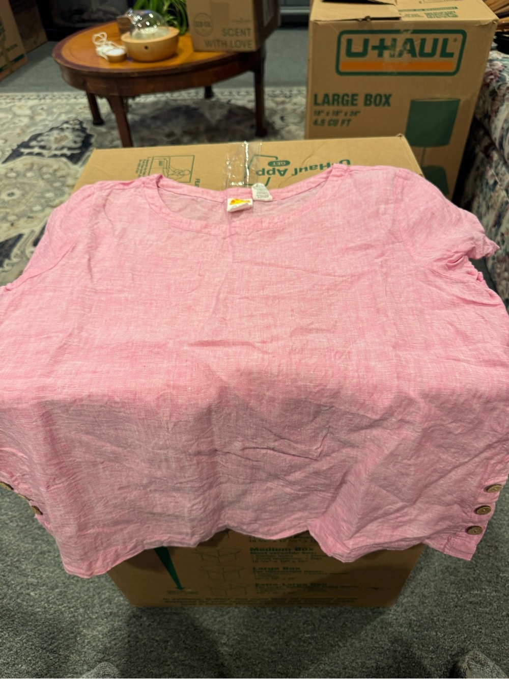C&C California Soft Pink Short Sleeve Linen-Blend Tunic with Side Button Accents